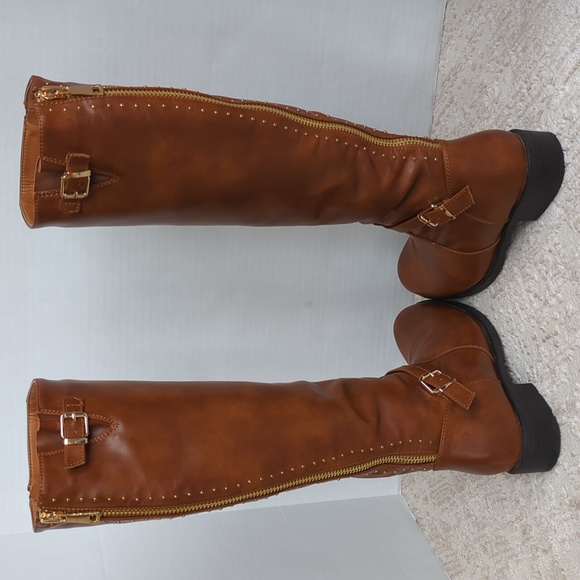 Dream Pairs Intruder-3 Stud Embellished Heeled Tall Boots 9.5 Brown Full Zipper - Picture 2 of 16